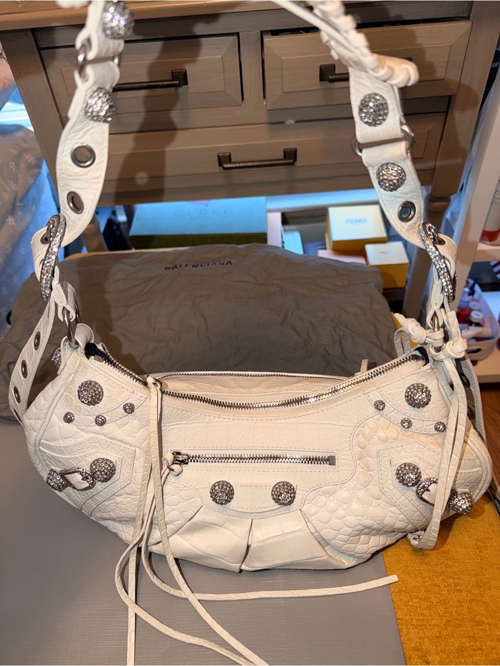 Balenciaga White Croc Le Cagole Bag With Crystal Hardware.